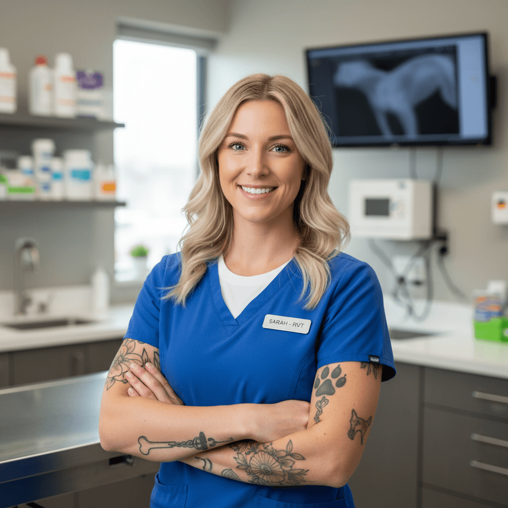 Blonde vet nurse with tattoos smiling in a modern clinic setting