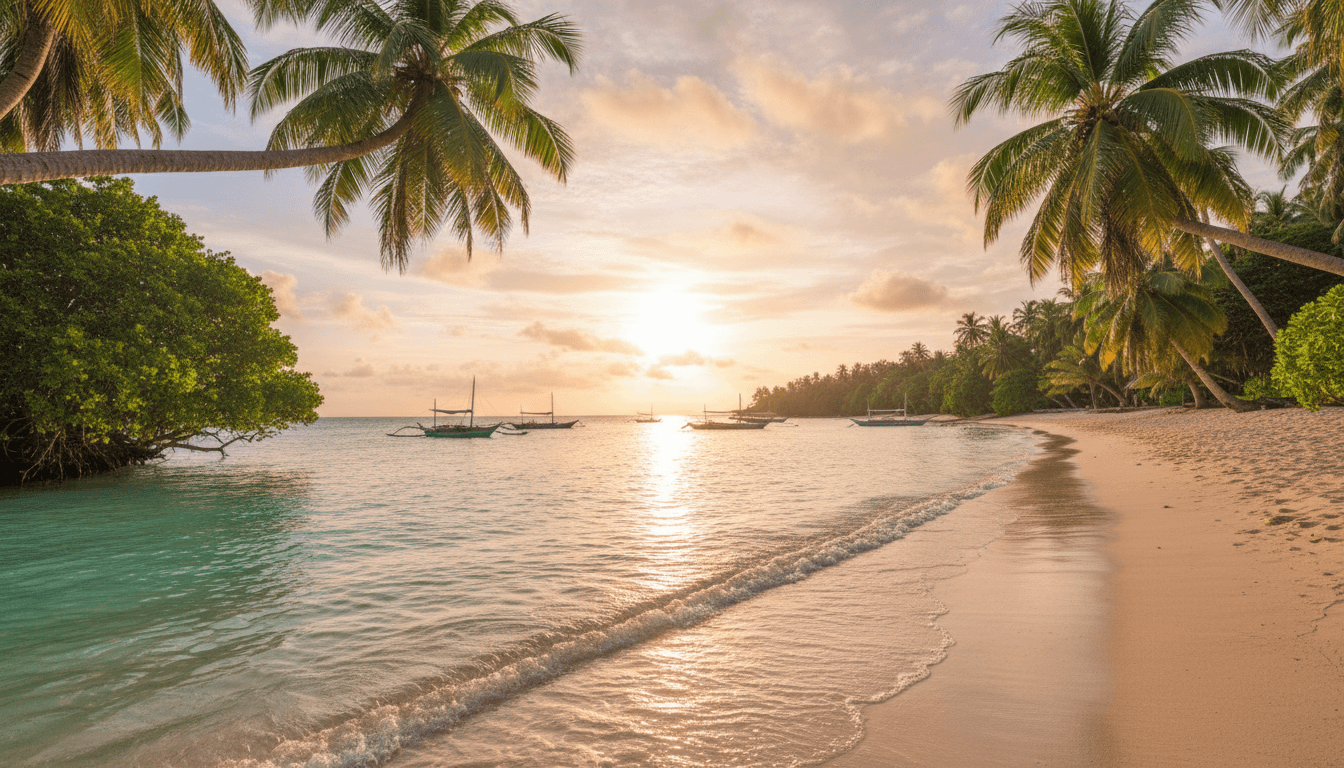 Pristine tropical island beach with turquoise water, white sand, palm trees, and traditional boats at golden hour