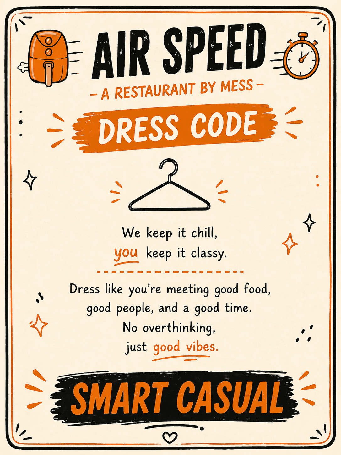 Air Speed restaurant poster outlining a smart casual dress code with playful orange hand-drawn illustrations.