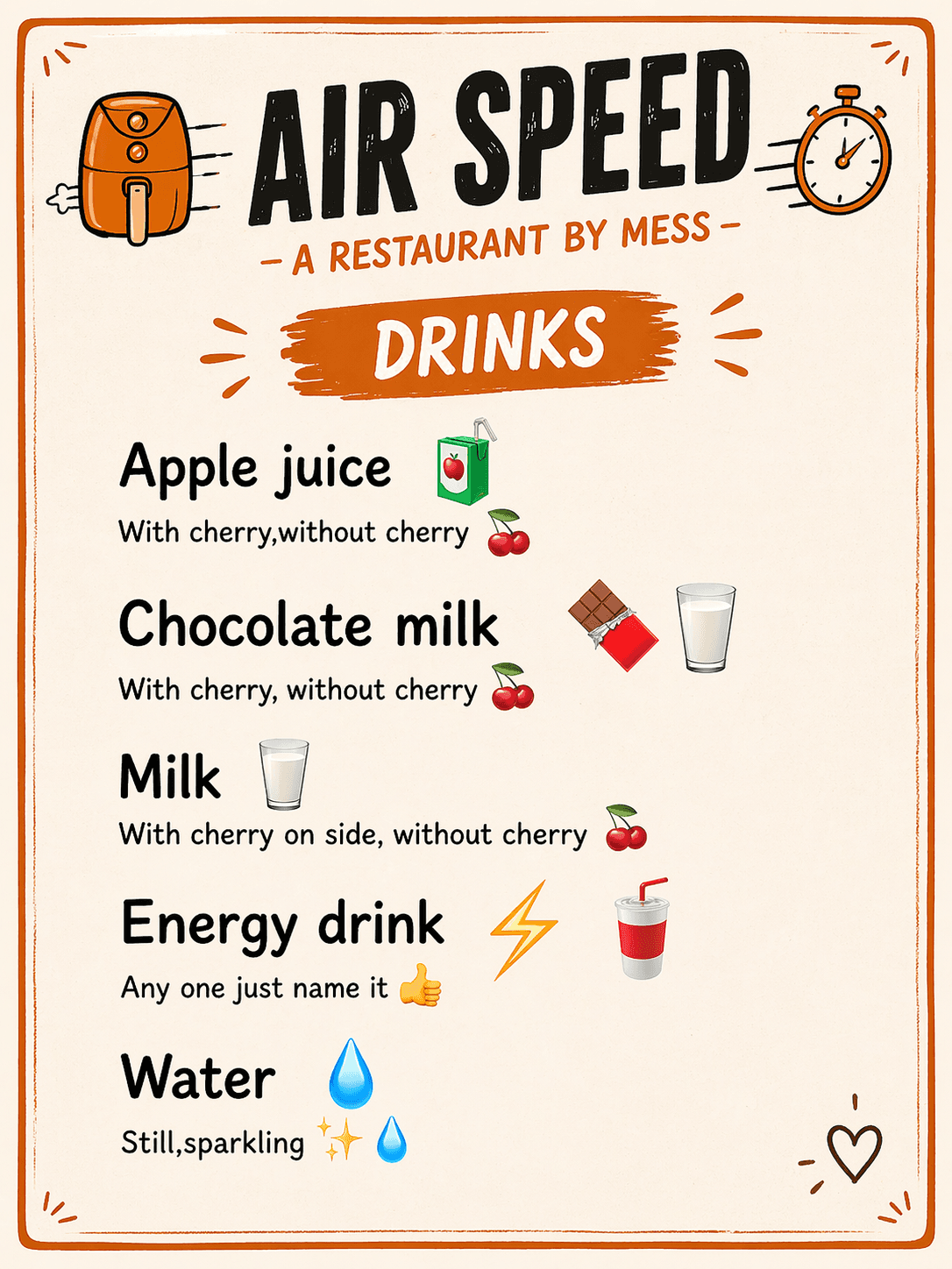 Illustrated drink menu for Air Speed restaurant listing juice, milk, energy drinks, and water.