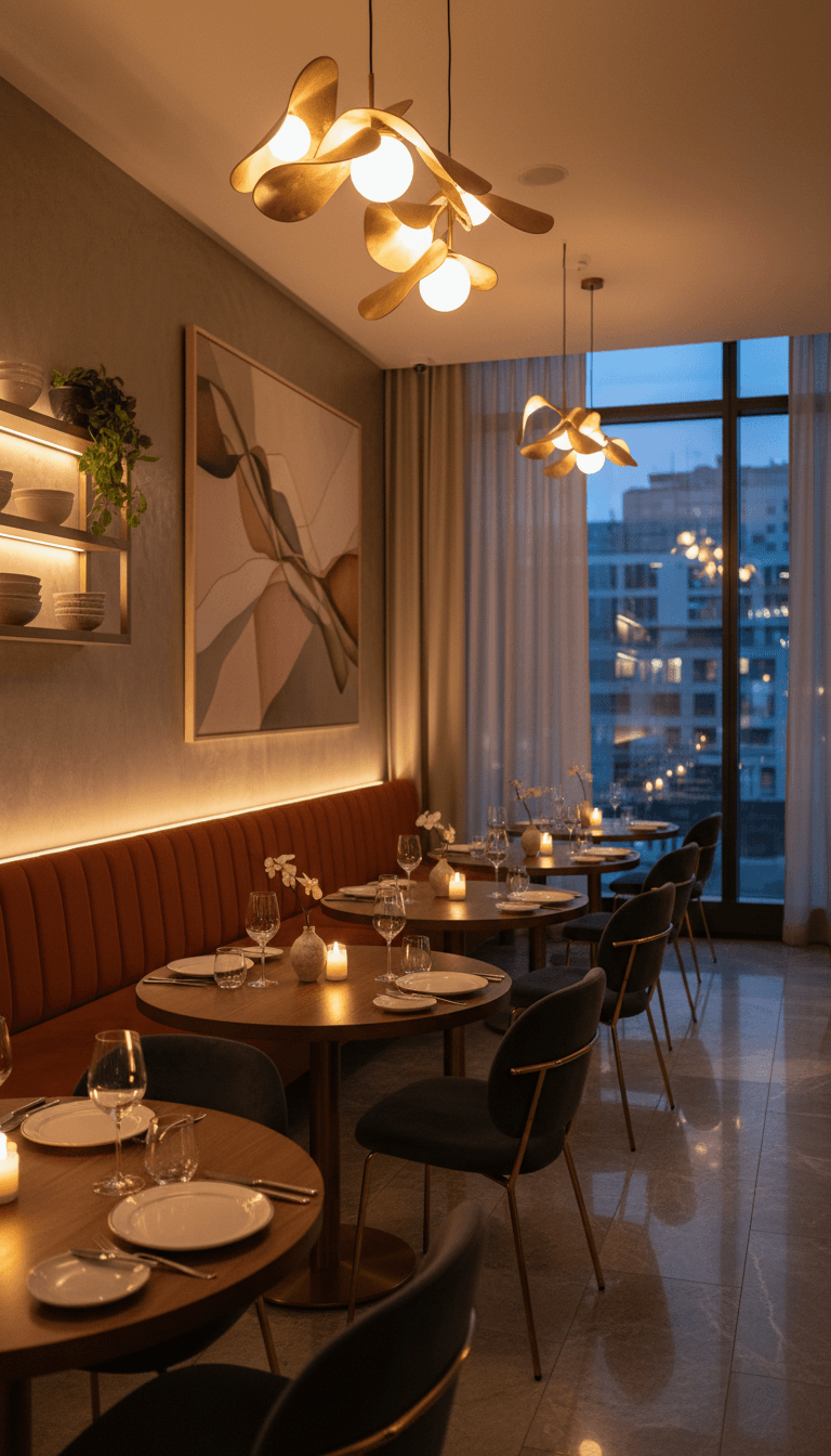 Warm interior of a modern restaurant with set tables and ambient lighting