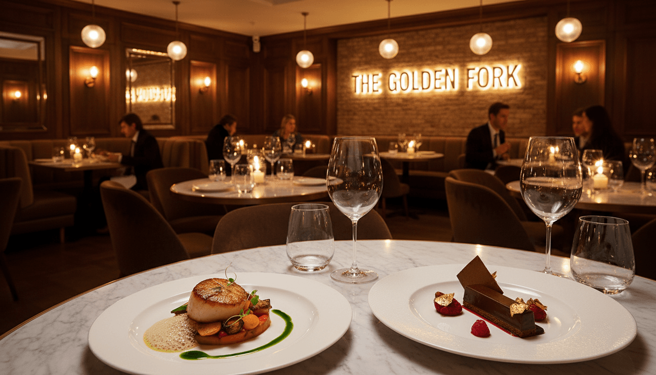 Modern restaurant interior with elegantly plated dishes and warm lighting