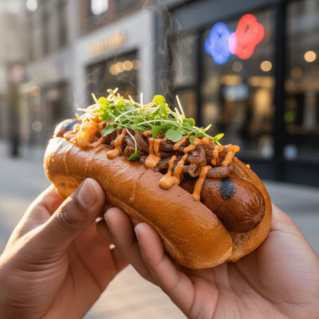 Customer holding freshly prepared gourmet hot dog with artisanal bun and premium toppings in daylight