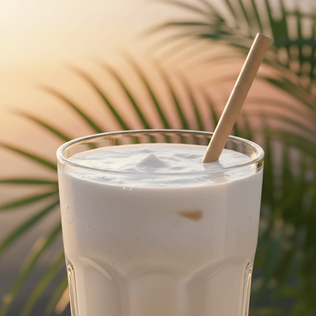 Creamy coconut milk beverage in transparent glass showing rich texture and natural color