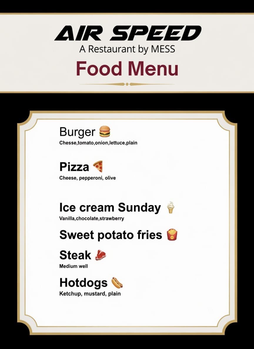 Air Speed restaurant menu featuring burgers, pizza, ice cream, sweet potato fries, steak, and hotdogs.